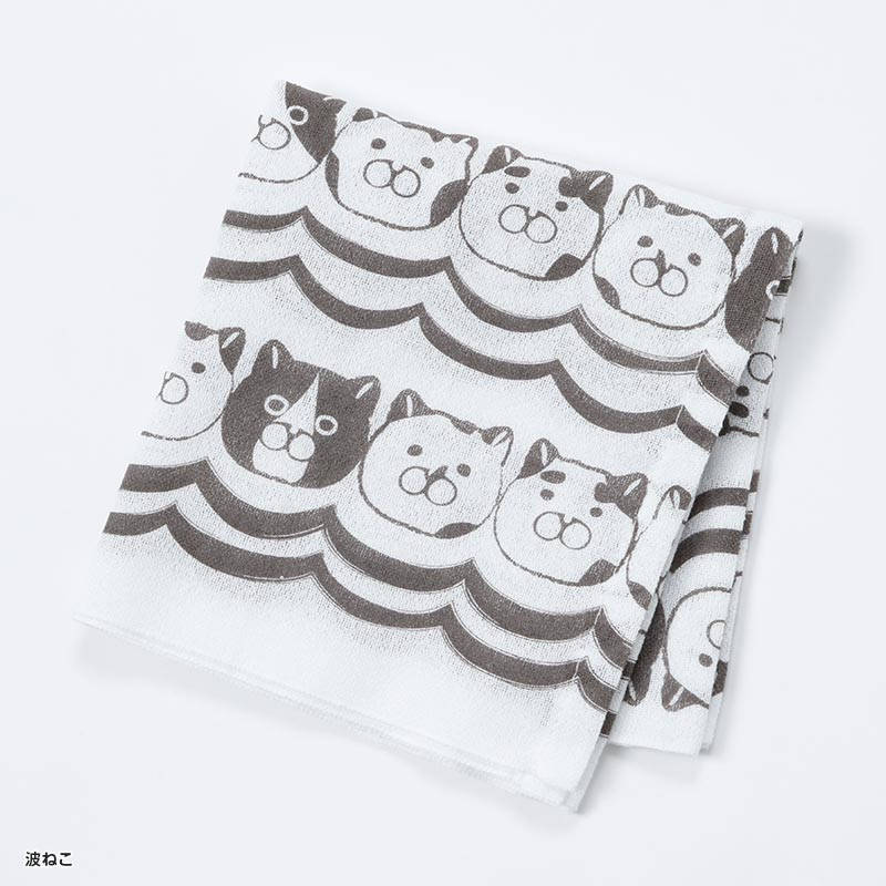 洗うとふんわりするガーゼ手ぬぐい　波ねこ